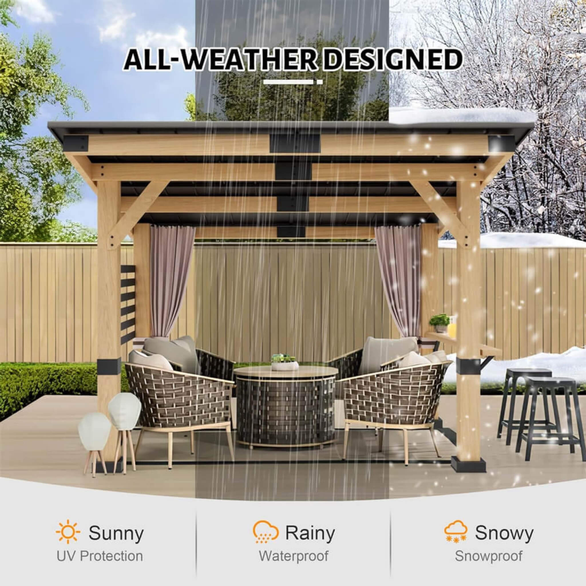 Heavy Duty Premium Outdoor All-Season Wooden Cedar Hardtop Gazebo With Metal Roof & Back Curtains 10x12FT