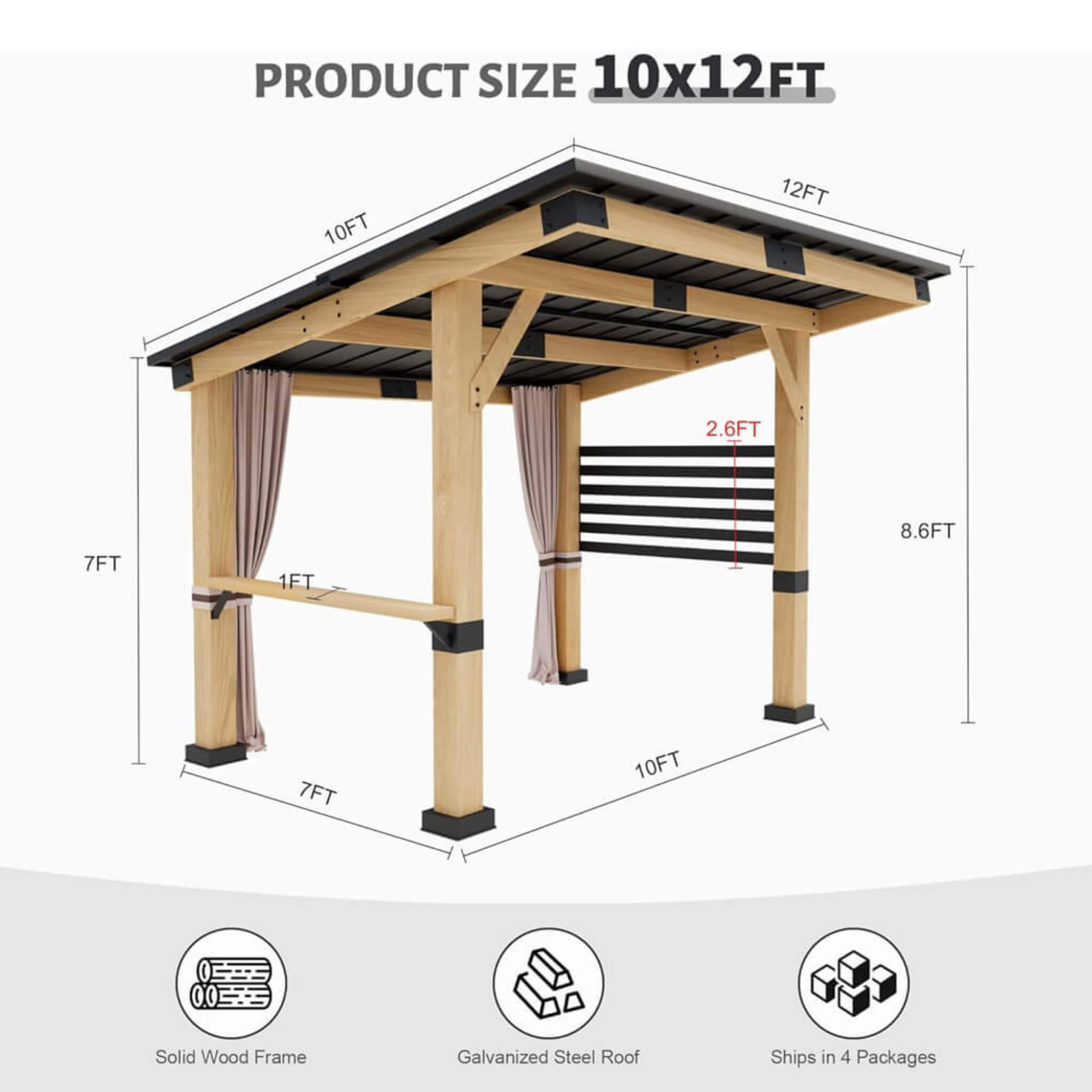 Heavy Duty Premium Outdoor All-Season Wooden Cedar Hardtop Gazebo With Metal Roof & Back Curtains 10x12FT