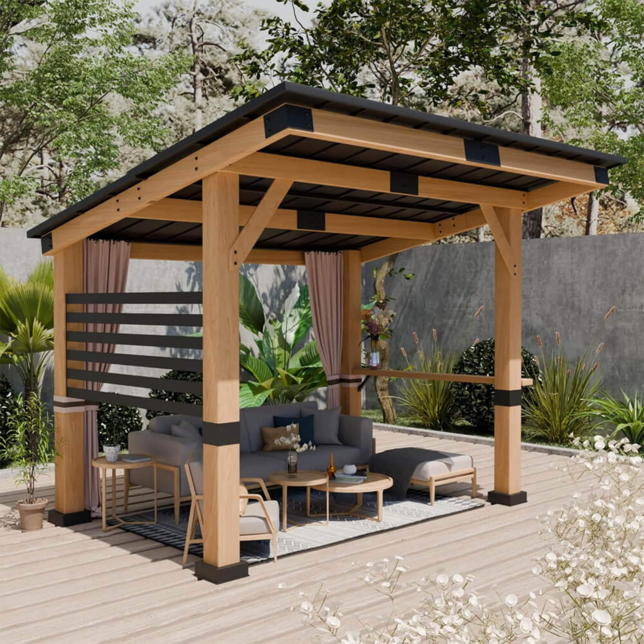 Heavy Duty Premium Outdoor All-Season Wooden Cedar Hardtop Gazebo With Metal Roof & Back Curtains 10x12FT