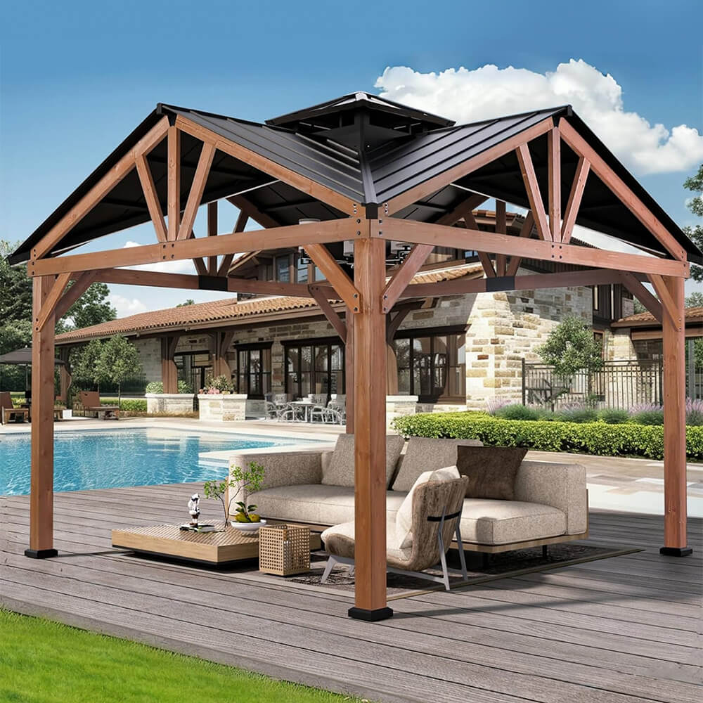 Premium Outdoor Cedar Wood Hardtop Gazebo With Galvanized Steel Roof [12x12FT]