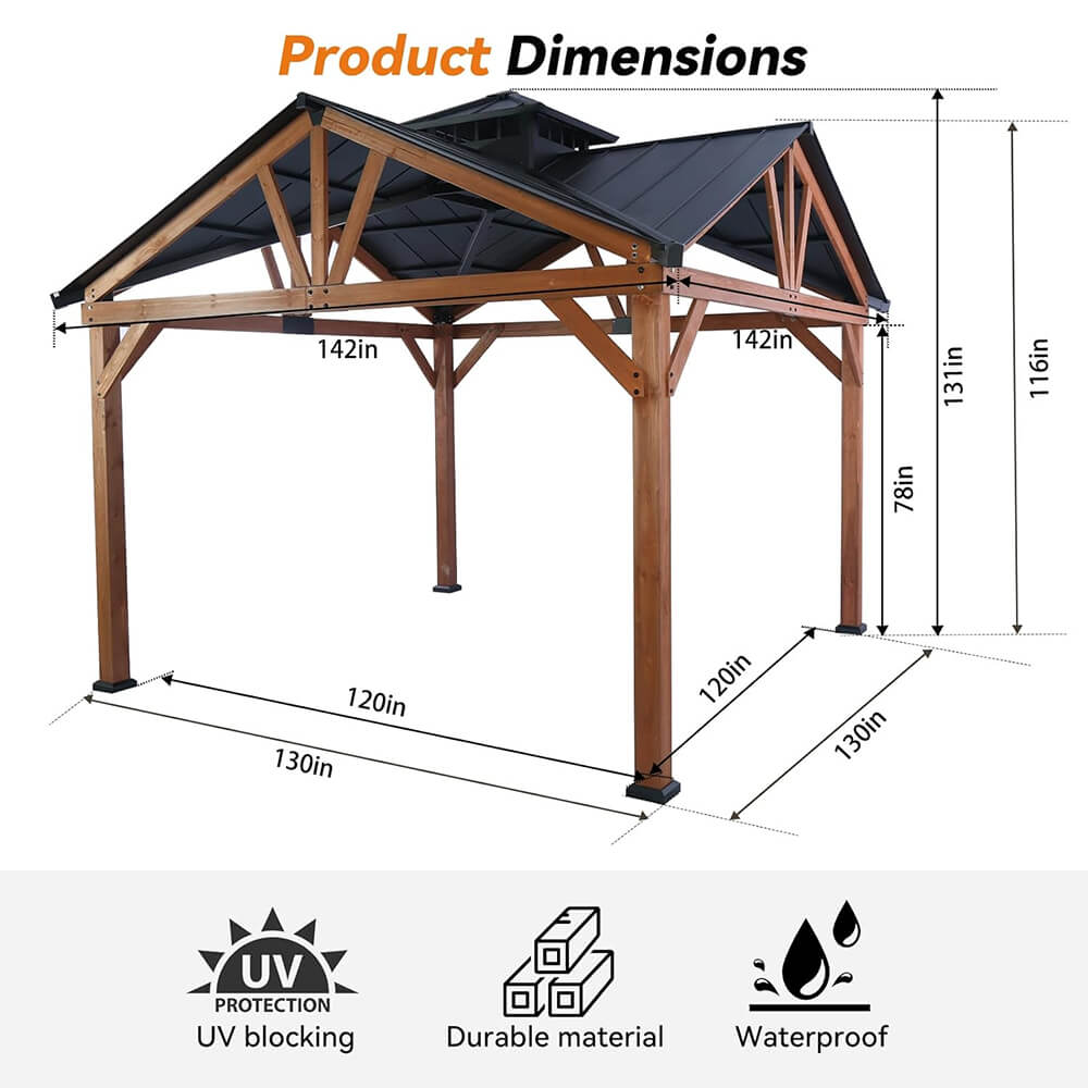 Premium Outdoor Cedar Wood Hardtop Gazebo With Galvanized Steel Roof [12x12FT]