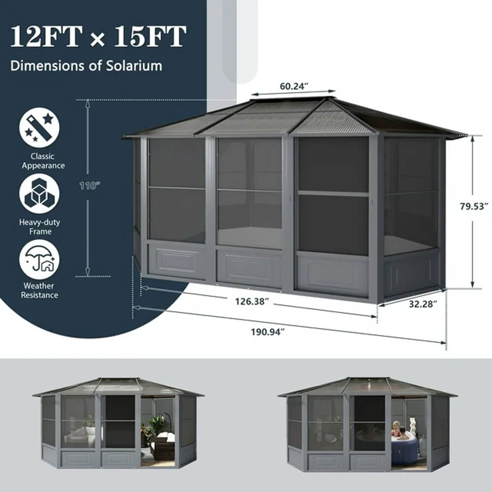 Extra Large Premium Outdoor All-Season Polycarbonate Hardtop Solarium Sunroom With Sliding Doors [12x15FT]