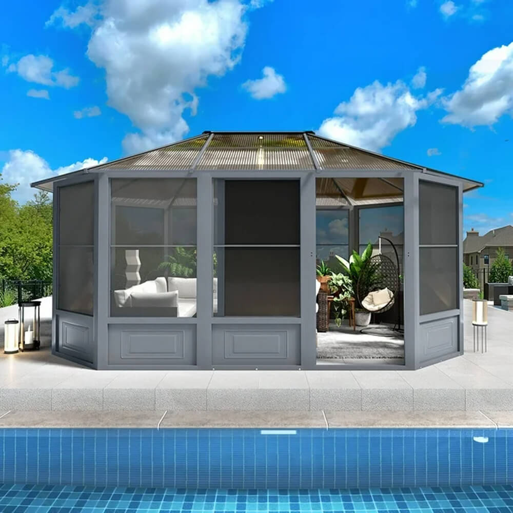 Extra Large Premium Outdoor All-Season Polycarbonate Hardtop Solarium Sunroom With Sliding Doors [12x15FT]