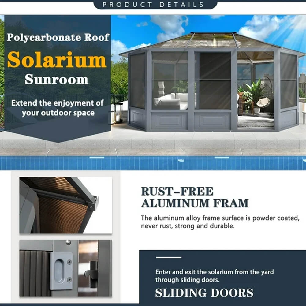 Extra Large Premium Outdoor All-Season Polycarbonate Hardtop Solarium Sunroom With Sliding Doors [12x15FT]