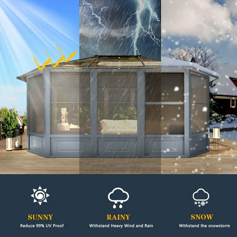 Extra Large Premium Outdoor All-Season Polycarbonate Hardtop Solarium Sunroom With Sliding Doors [12x15FT]