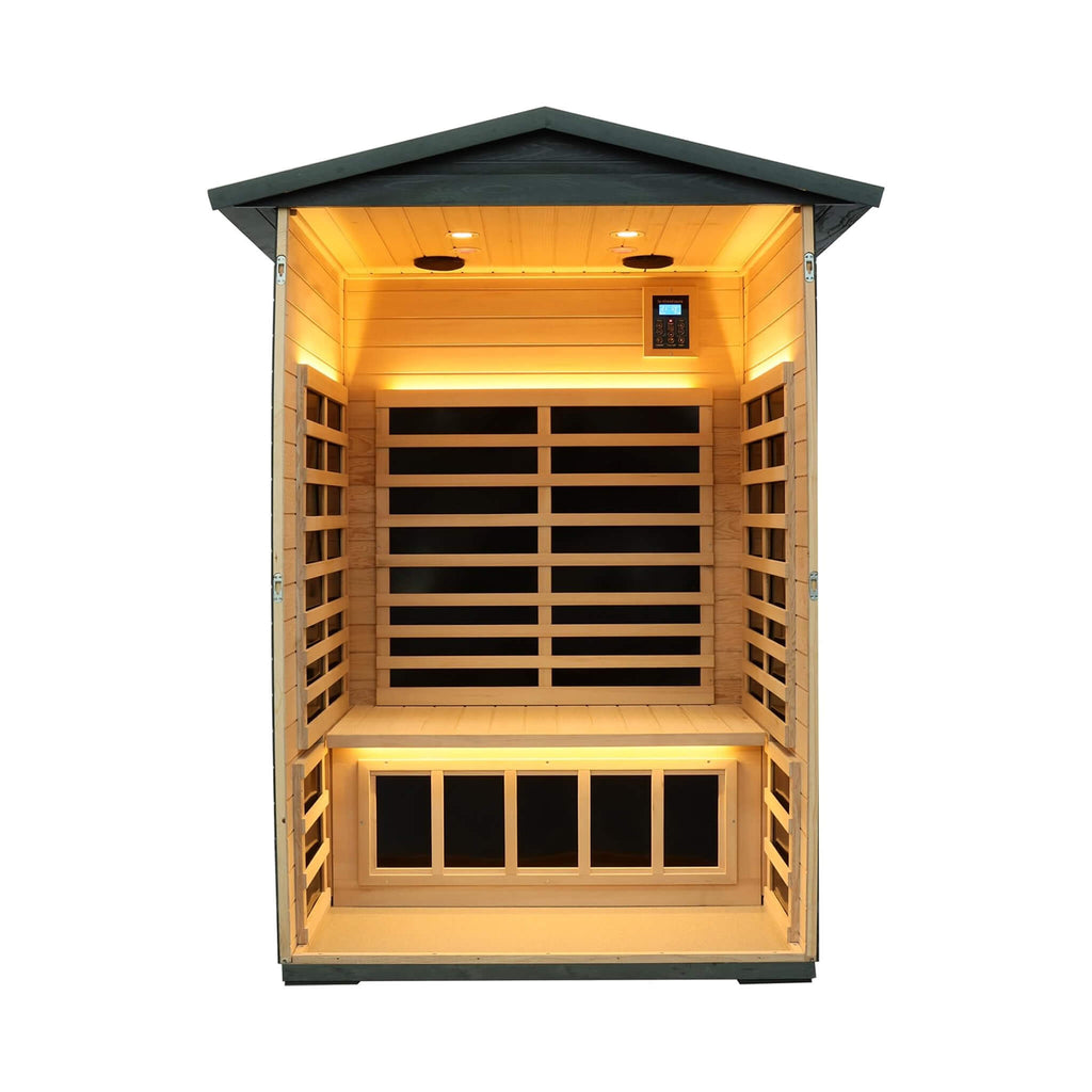 Premium 2-Person Black Carbonized Walnut Low EMF Far Infrared Outdoor Sauna With Bluetooth Audio And LED Lighting