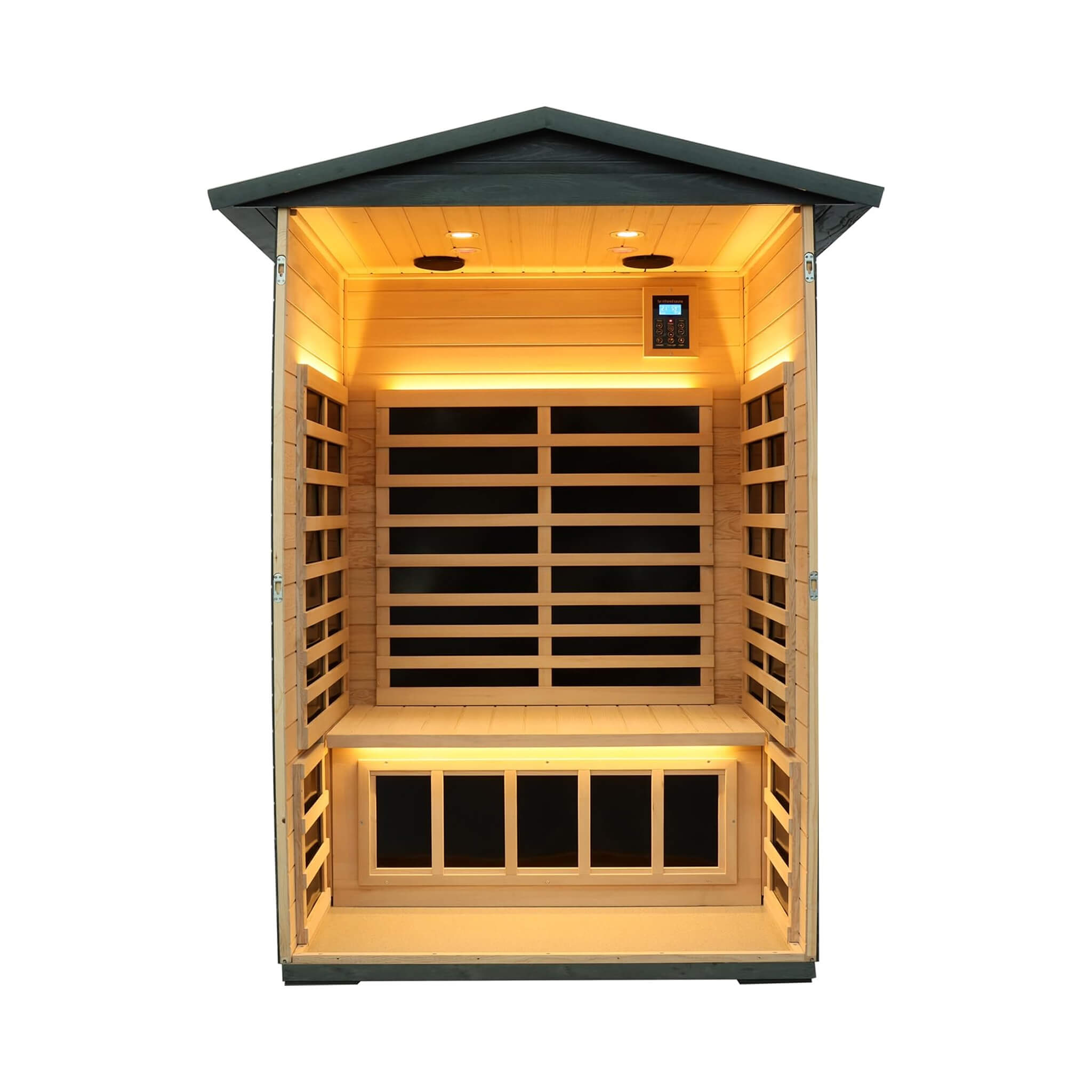 Premium 2-Person Black Carbonized Walnut Low EMF Far Infrared Outdoor Sauna With Bluetooth Audio And LED Lighting