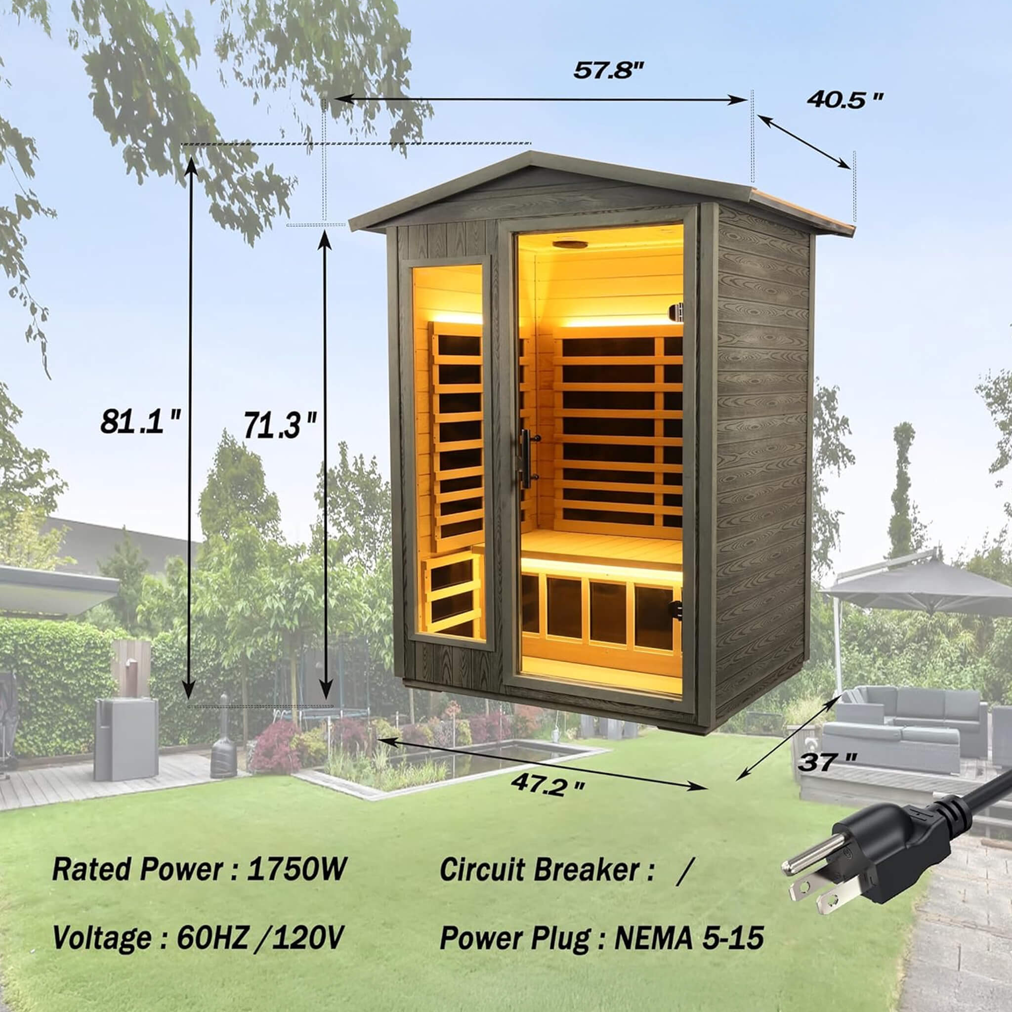Premium 2-Person Black Carbonized Walnut Low EMF Far Infrared Outdoor Sauna With Bluetooth Audio And LED Lighting