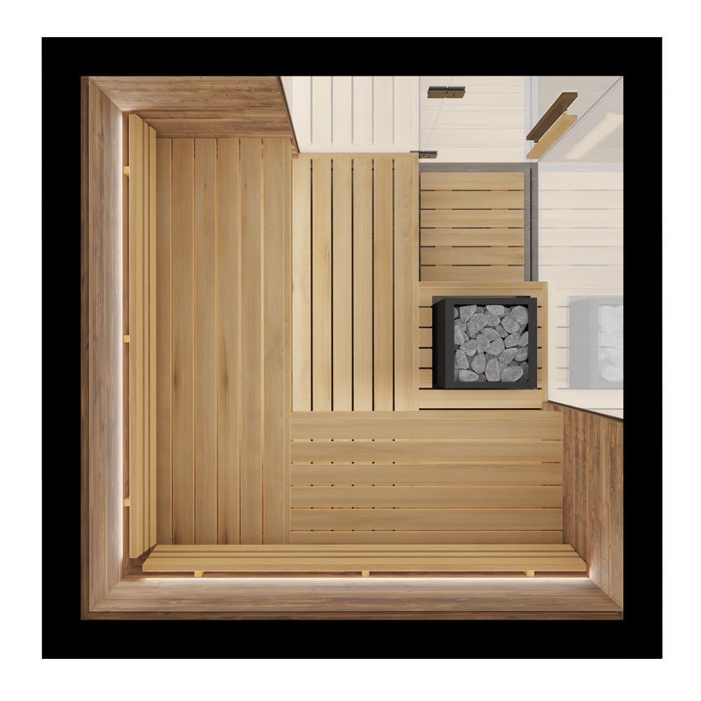 ThermaSol Astra - Glass and Wood Panel Corner Layout, 3-4 Person, Indoor Sauna