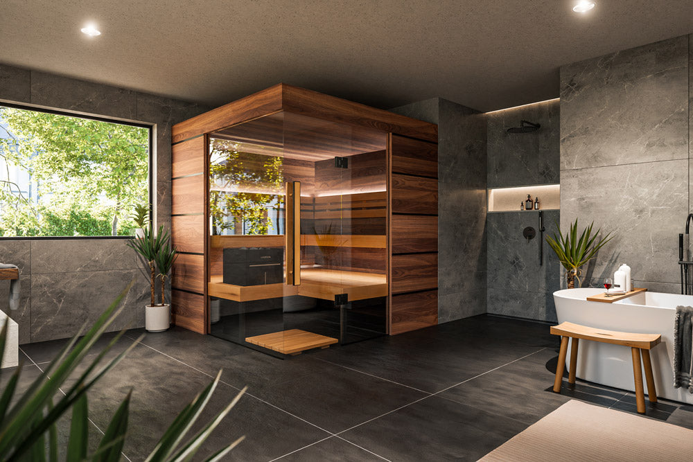 ThermaSol Astra - Glass and Wood Panel Corner Layout, 3-4 Person, Indoor Sauna