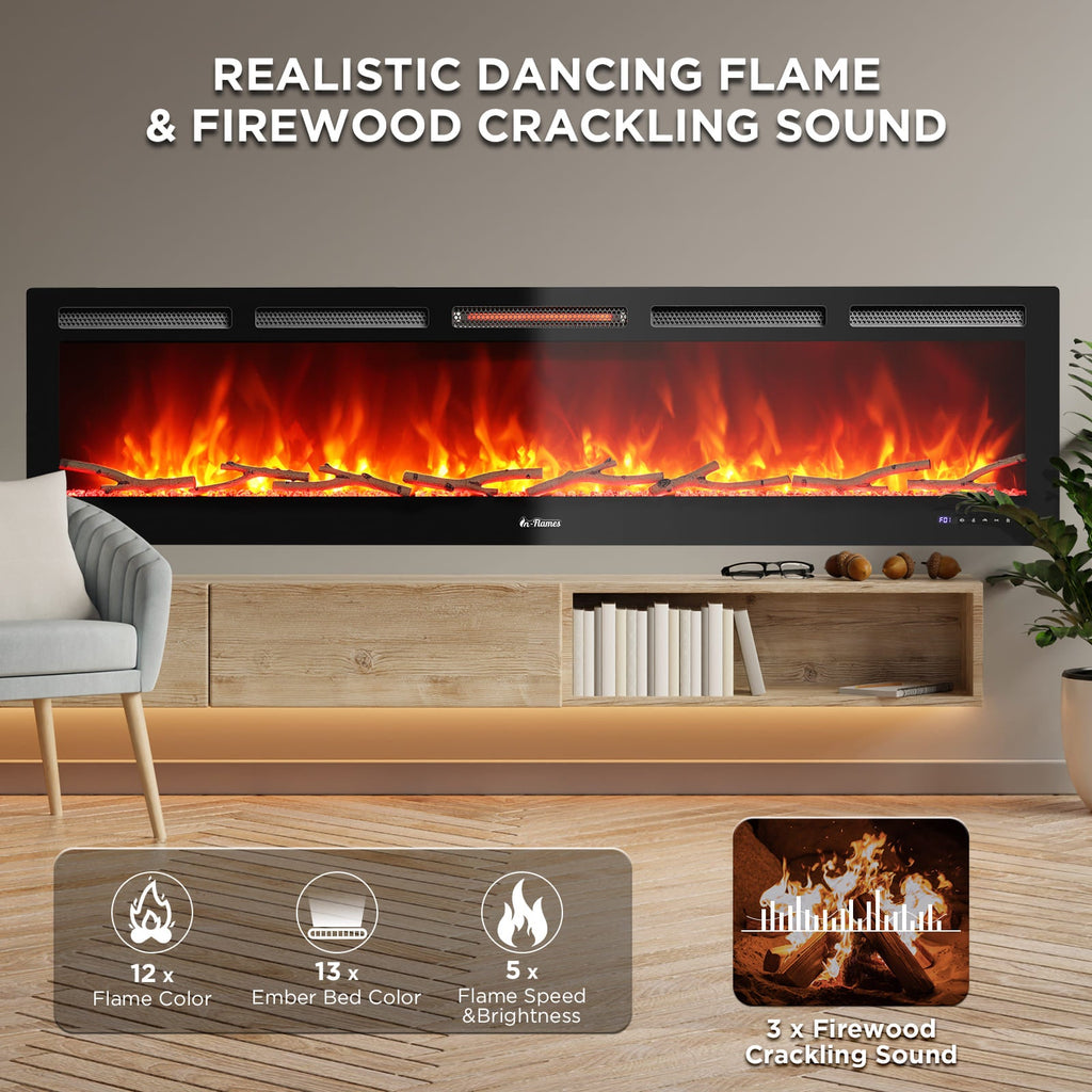 In Flames INF88W-3D WiFi Smart Wall Mounted Electric Fireplace - Tempered Glass