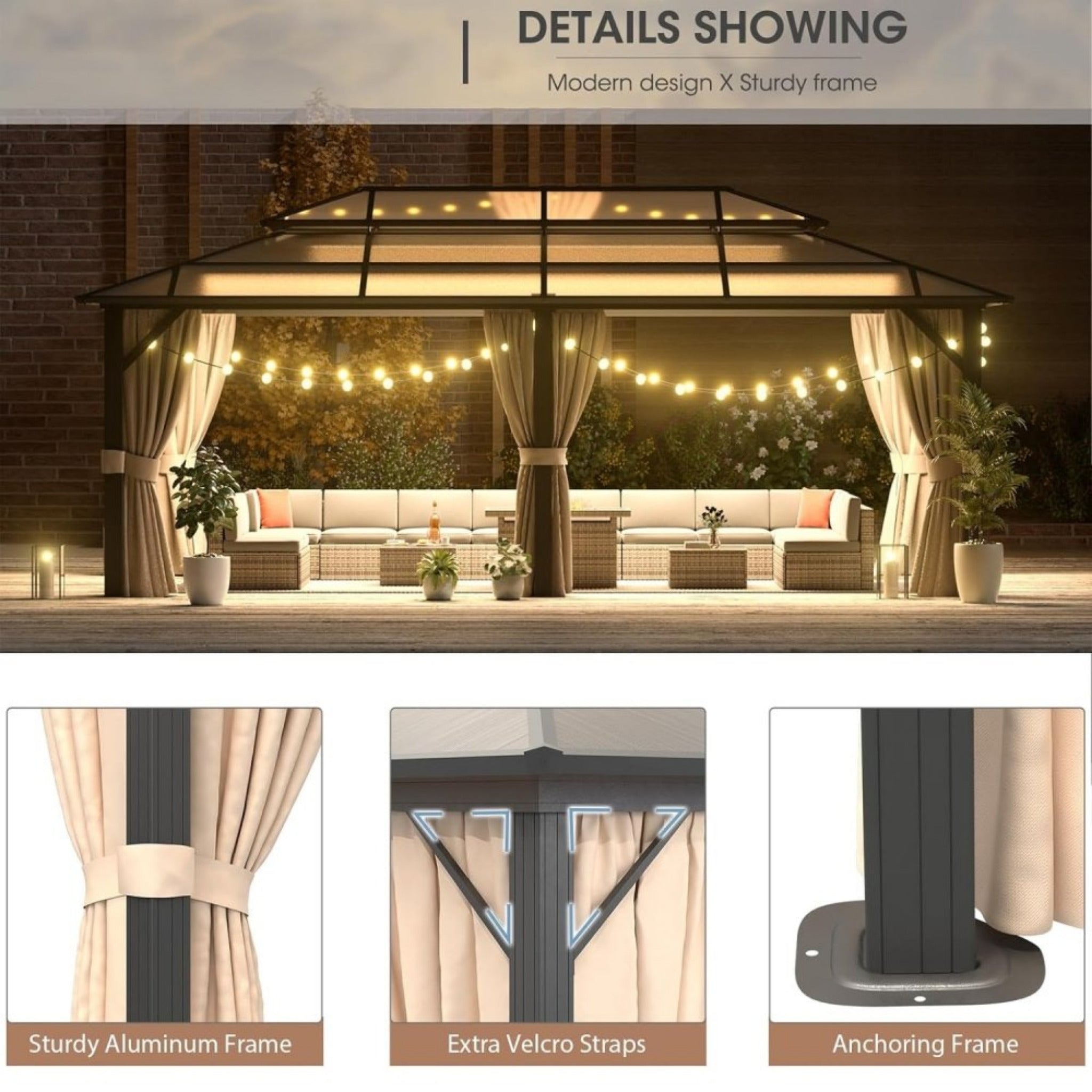Premium Aluminum Outdoor Polycarbonate Hardtop Gazebo With UV Protection, [12x20FT]  Netting & Curtains (96815273)