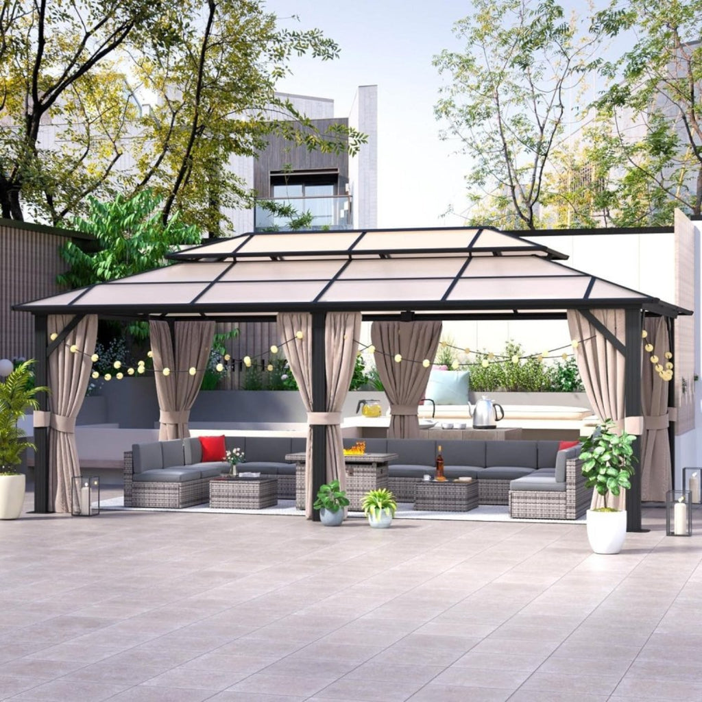 Premium Aluminum Outdoor Polycarbonate Hardtop Gazebo With UV Protection, [12x20FT]  Netting & Curtains (96815273)