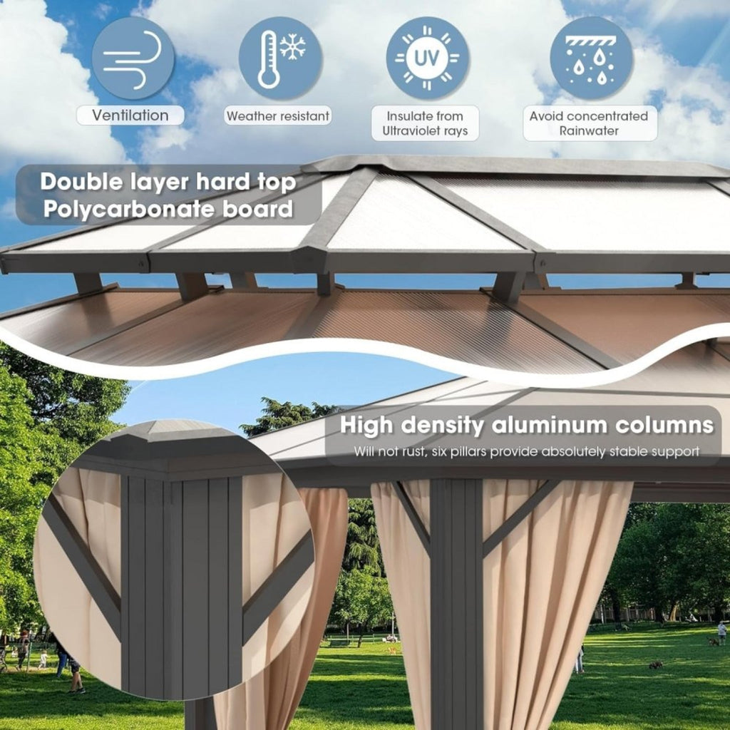 Premium Aluminum Outdoor Polycarbonate Hardtop Gazebo With UV Protection, [12x20FT]  Netting & Curtains (96815273)