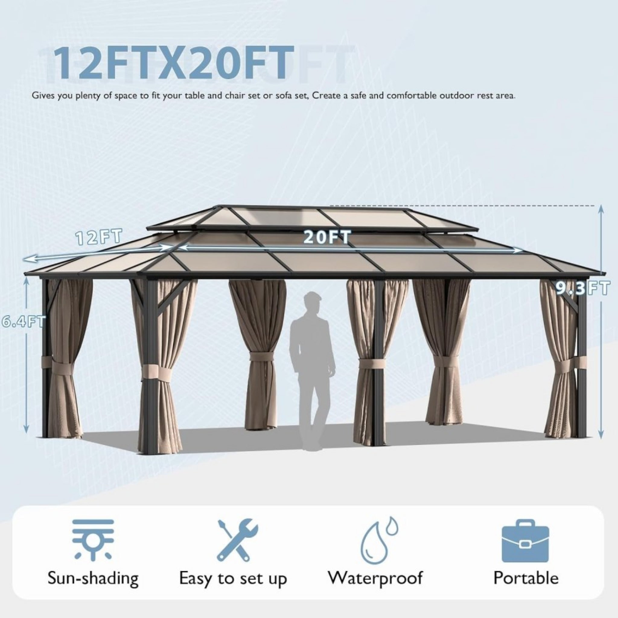 Premium Aluminum Outdoor Polycarbonate Hardtop Gazebo With UV Protection, [12x20FT]  Netting & Curtains (96815273)
