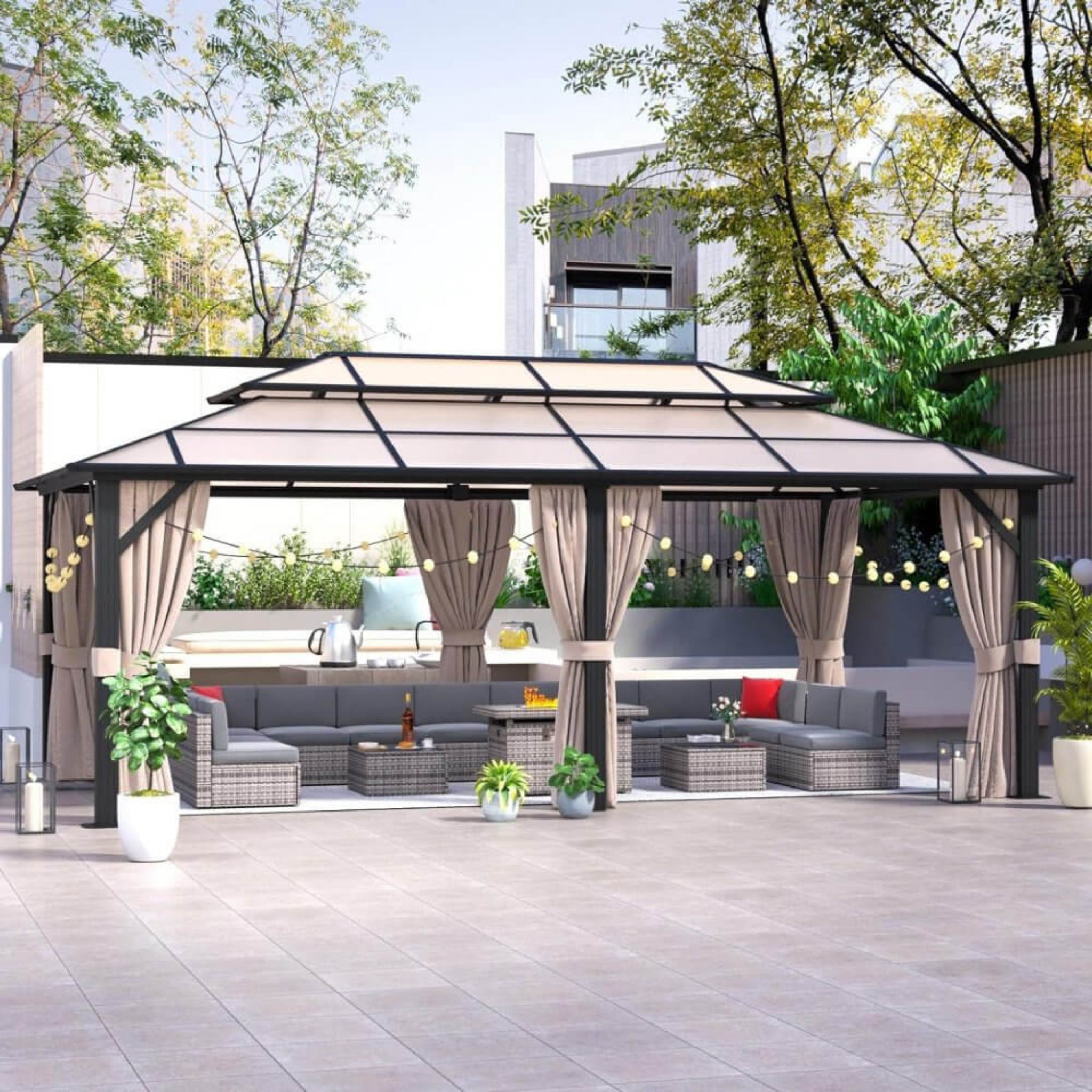 Premium Aluminum Outdoor Polycarbonate Hardtop Gazebo With UV Protection, [12x20FT]  Netting & Curtains (96815273)