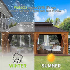 AXN Premium Large Aluminum Hardtop Gazebo W/ Netting, [12x20FT] Privacy Curtains And Wood Grain Finish