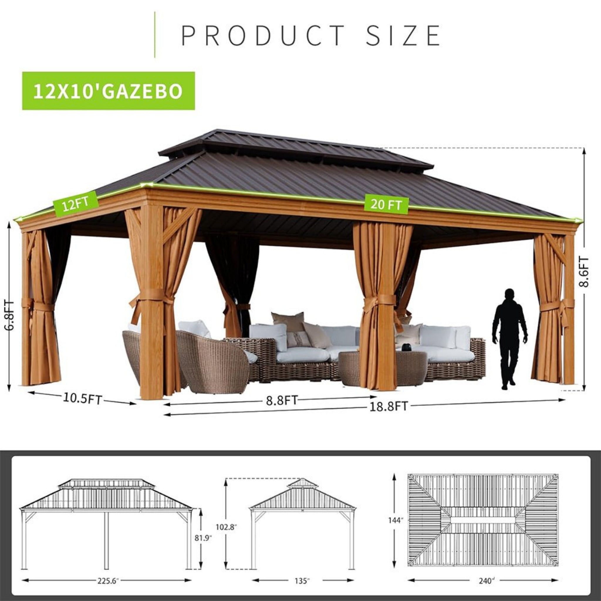 AXN Premium Large Aluminum Hardtop Gazebo W/ Netting, [12x20FT] Privacy Curtains And Wood Grain Finish