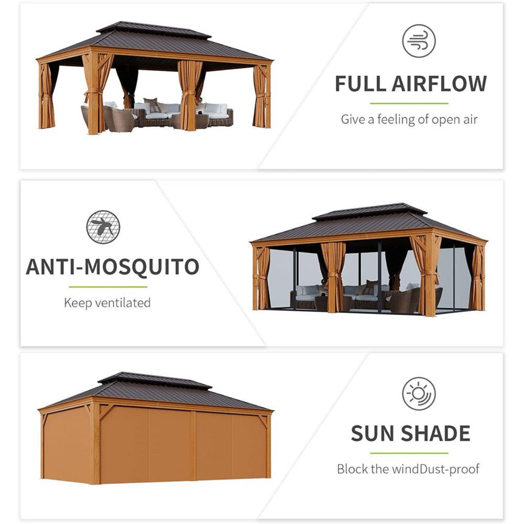AXN Premium Large Aluminum Hardtop Gazebo W/ Netting, [12x20FT] Privacy Curtains And Wood Grain Finish