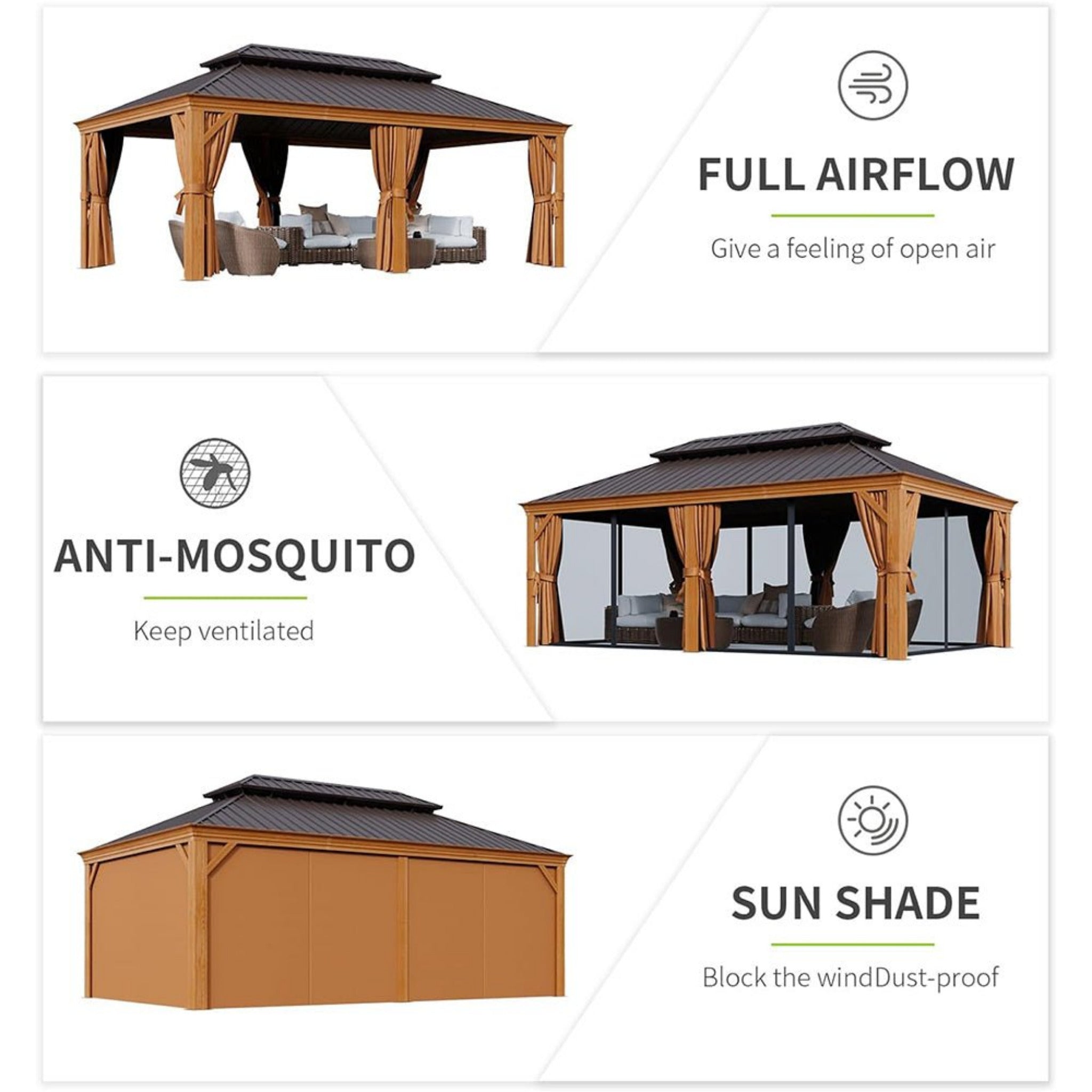 AXN Premium Large Aluminum Hardtop Gazebo W/ Netting, [12x20FT] Privacy Curtains And Wood Grain Finish