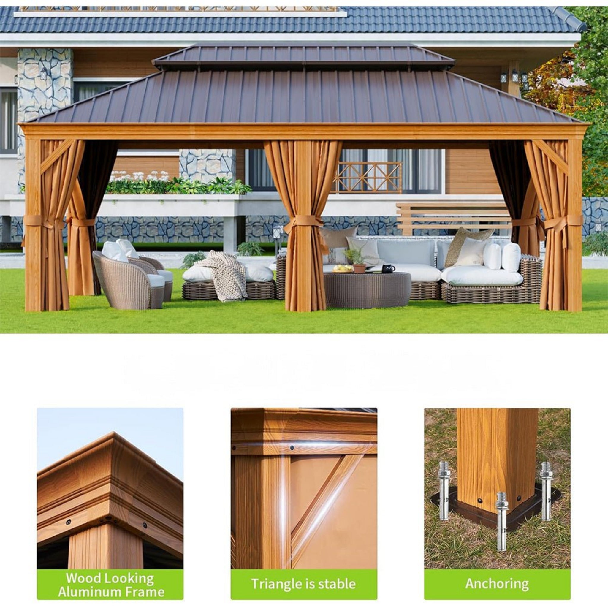 AXN Premium Large Aluminum Hardtop Gazebo W/ Netting, [12x20FT] Privacy Curtains And Wood Grain Finish