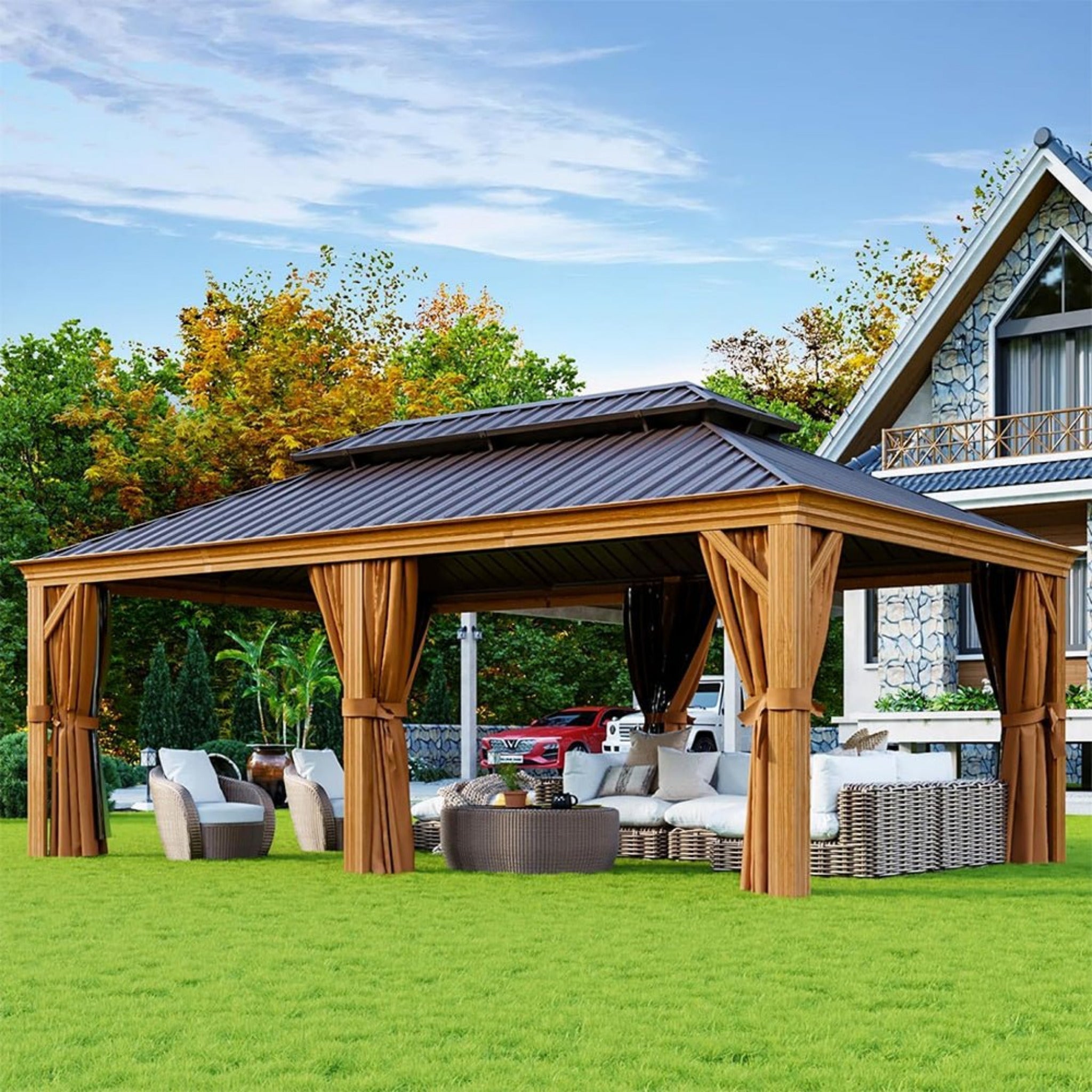 AXN Premium Large Aluminum Hardtop Gazebo W/ Netting, [12x20FT] Privacy Curtains And Wood Grain Finish