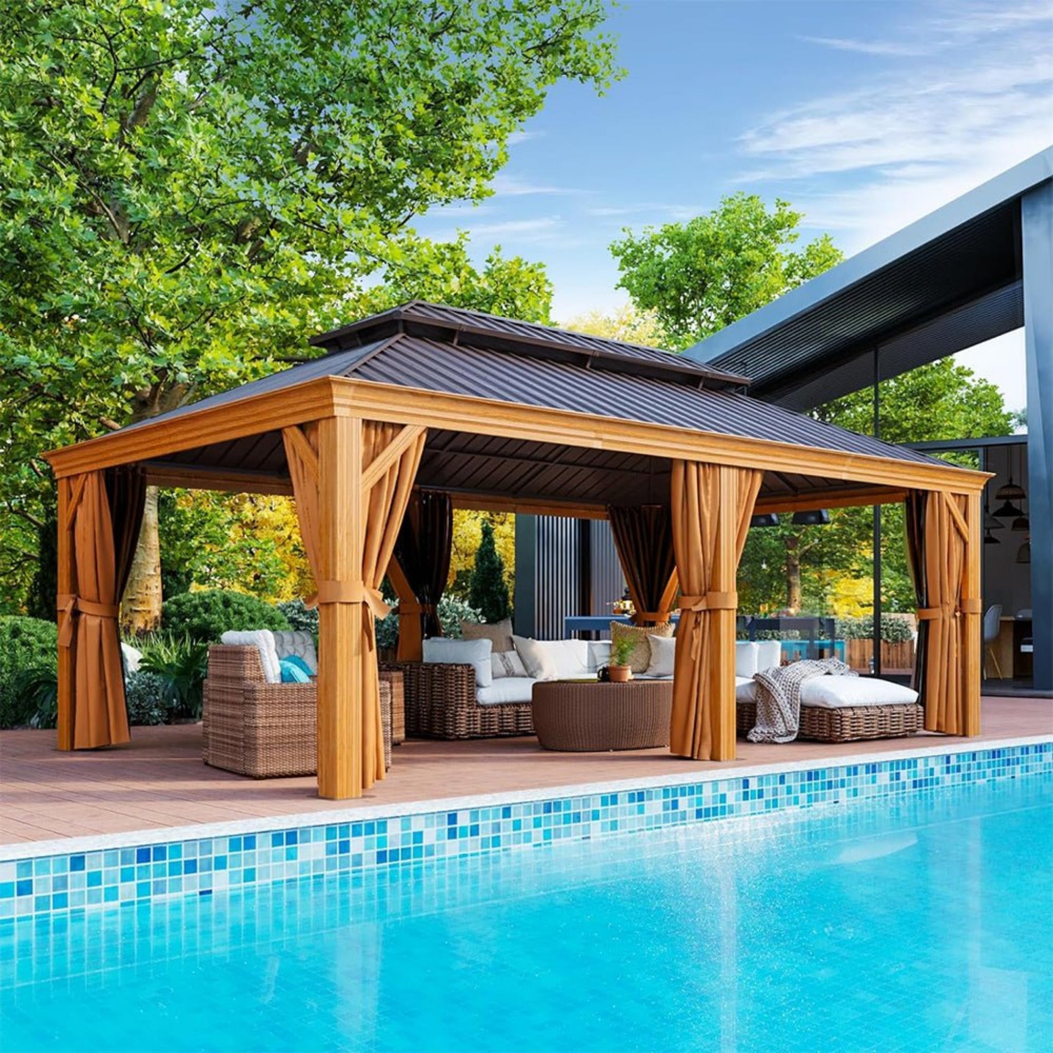 AXN Premium Large Aluminum Hardtop Gazebo W/ Netting, [12x20FT] Privacy Curtains And Wood Grain Finish