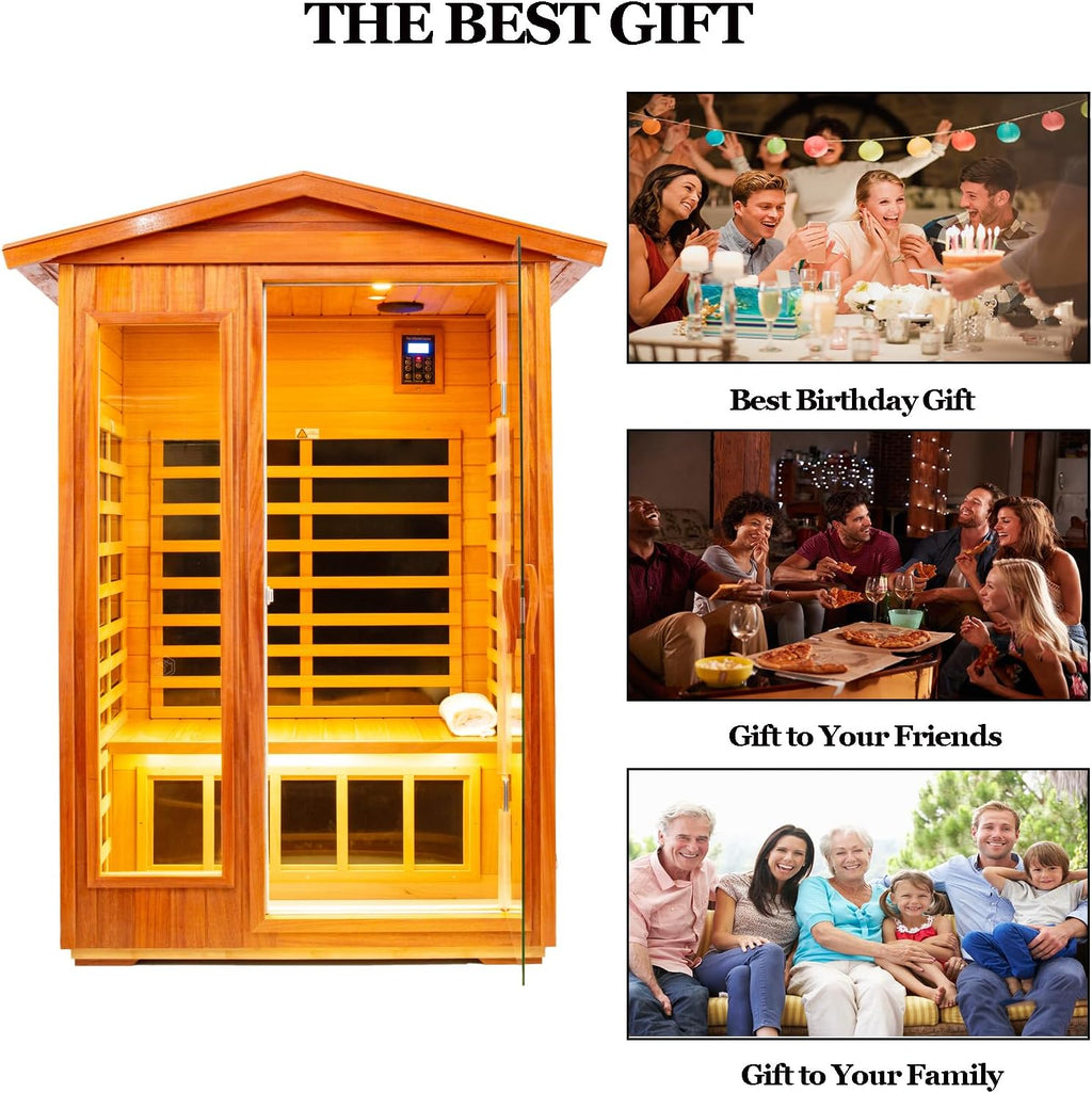 Deluxe 2‑Person Outdoor Mahogany Low EMF FAR Infrared Sauna – Bluetooth Audio & LED Chromotherapy