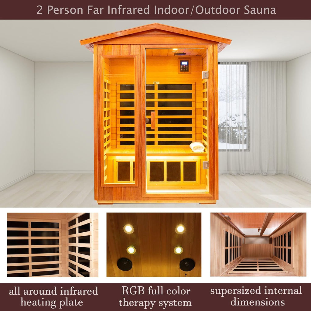 Deluxe 2‑Person Outdoor Mahogany Low EMF FAR Infrared Sauna – Bluetooth Audio & LED Chromotherapy
