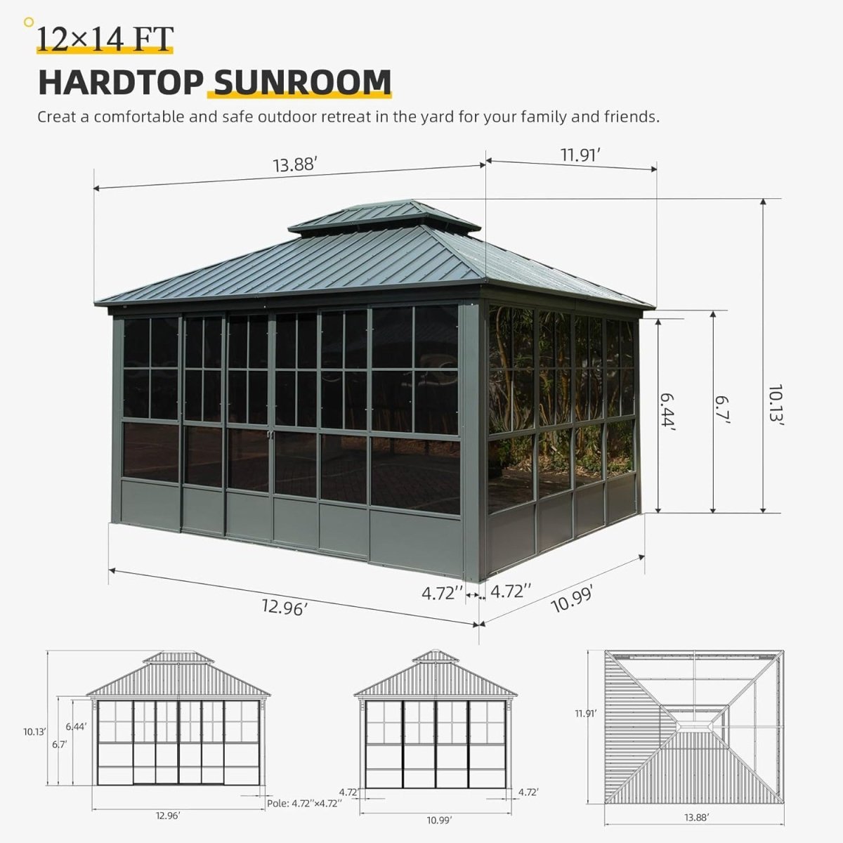 Large Heavy Duty All-Season Steel Top Aluminum Double Roof Backyard Gazebo 12x14FT