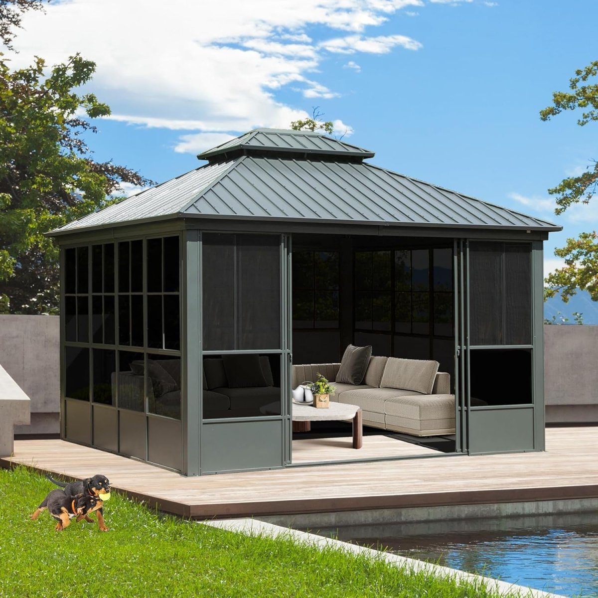 Large Heavy Duty All-Season Steel Top Aluminum Double Roof Backyard Gazebo 12x14FT