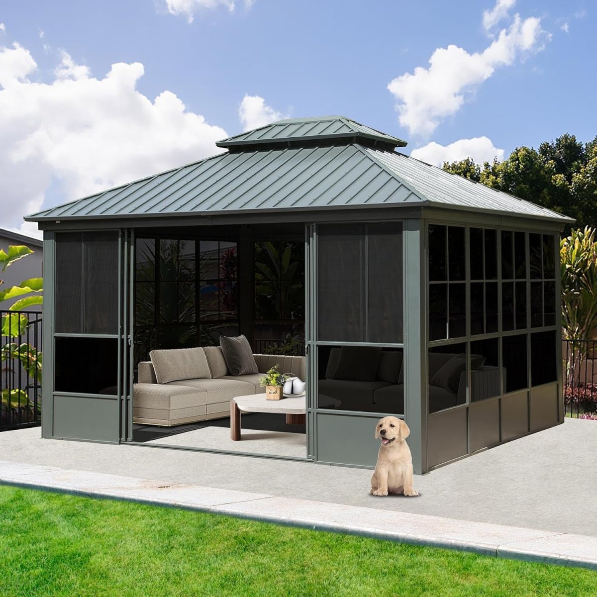Large Heavy Duty All-Season Steel Top Aluminum Double Roof Backyard Gazebo 12x14FT