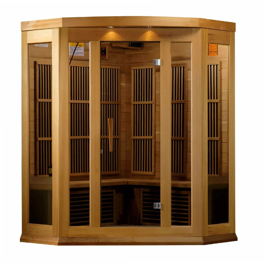 Maxxus 3-Person Corner Near Zero EMF FAR Infrared Sauna – Natural Reforested Canadian Hemlock Red Cedar Premium Home Wellness Haven