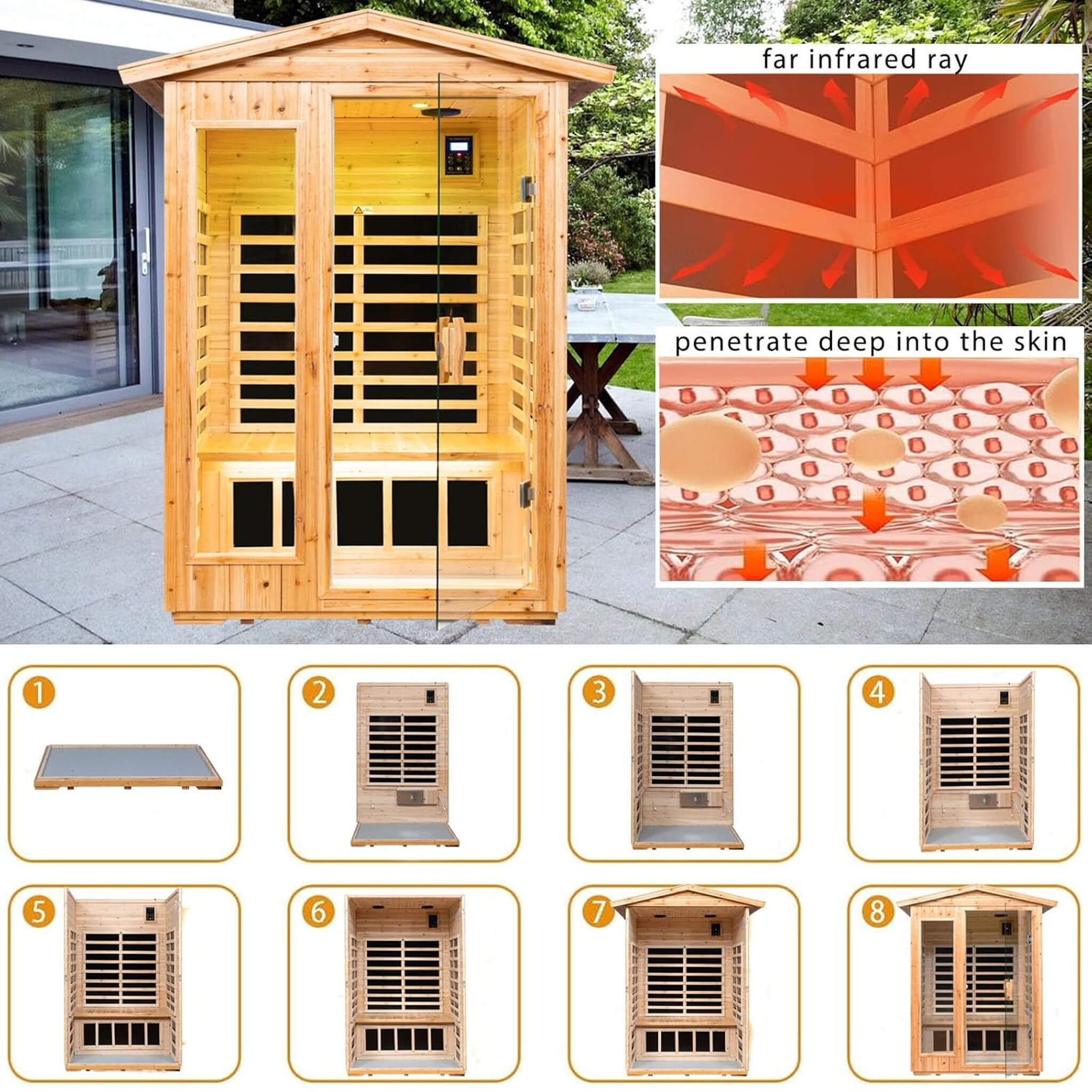 Premium 2-Person Indoor Outdoor Low EMF FAR-Infrared Hemlock Wood Personal Home Sauna Spa, 1750W