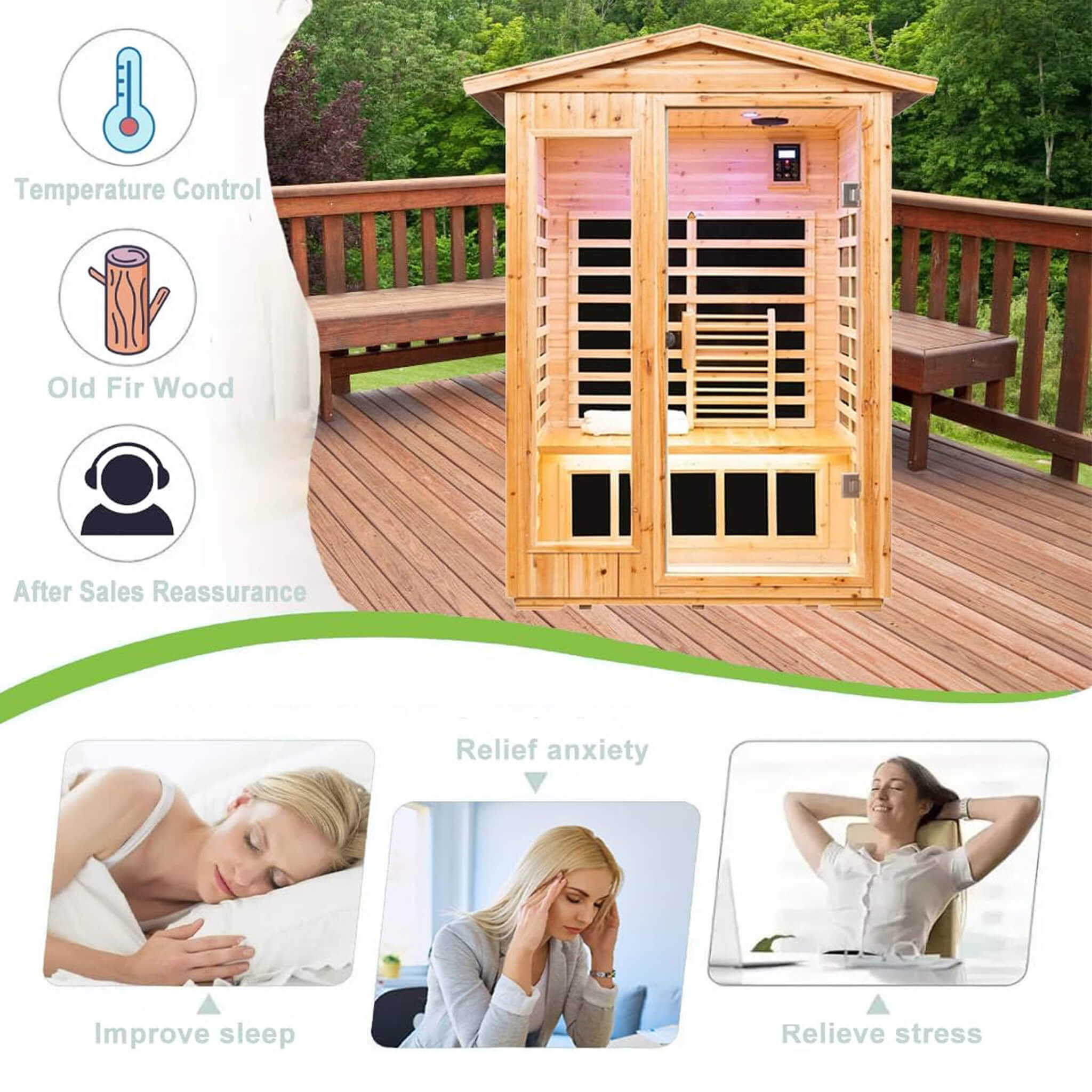 Premium 2-Person Indoor Outdoor Low EMF FAR-Infrared Hemlock Wood Personal Home Sauna Spa, 1750W