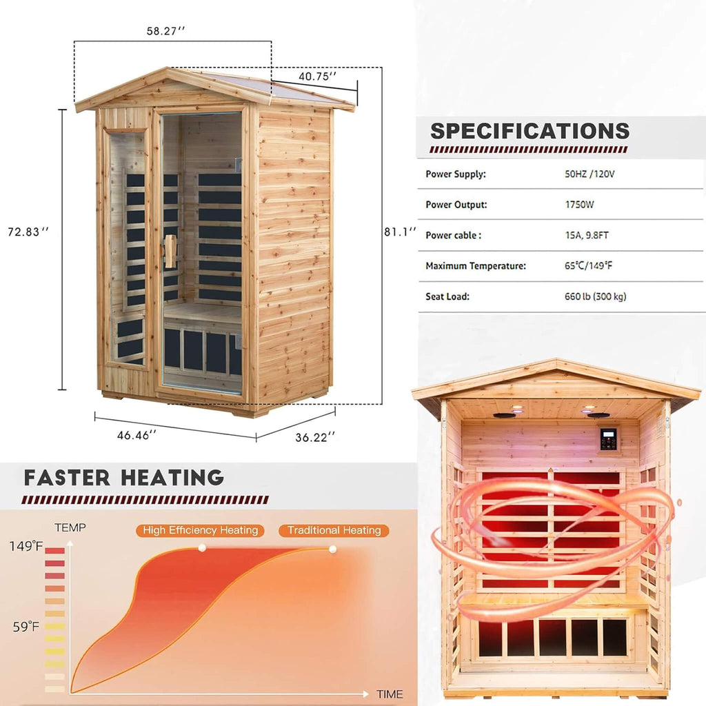 Premium 2-Person Indoor Outdoor Low EMF FAR-Infrared Hemlock Wood Personal Home Sauna Spa, 1750W