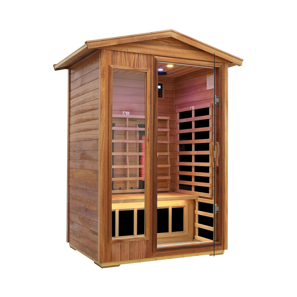 Deluxe 2-Person Outdoor Mahogany Low EMF Far Infrared Sauna With Bluetooth Audio And LED Lights