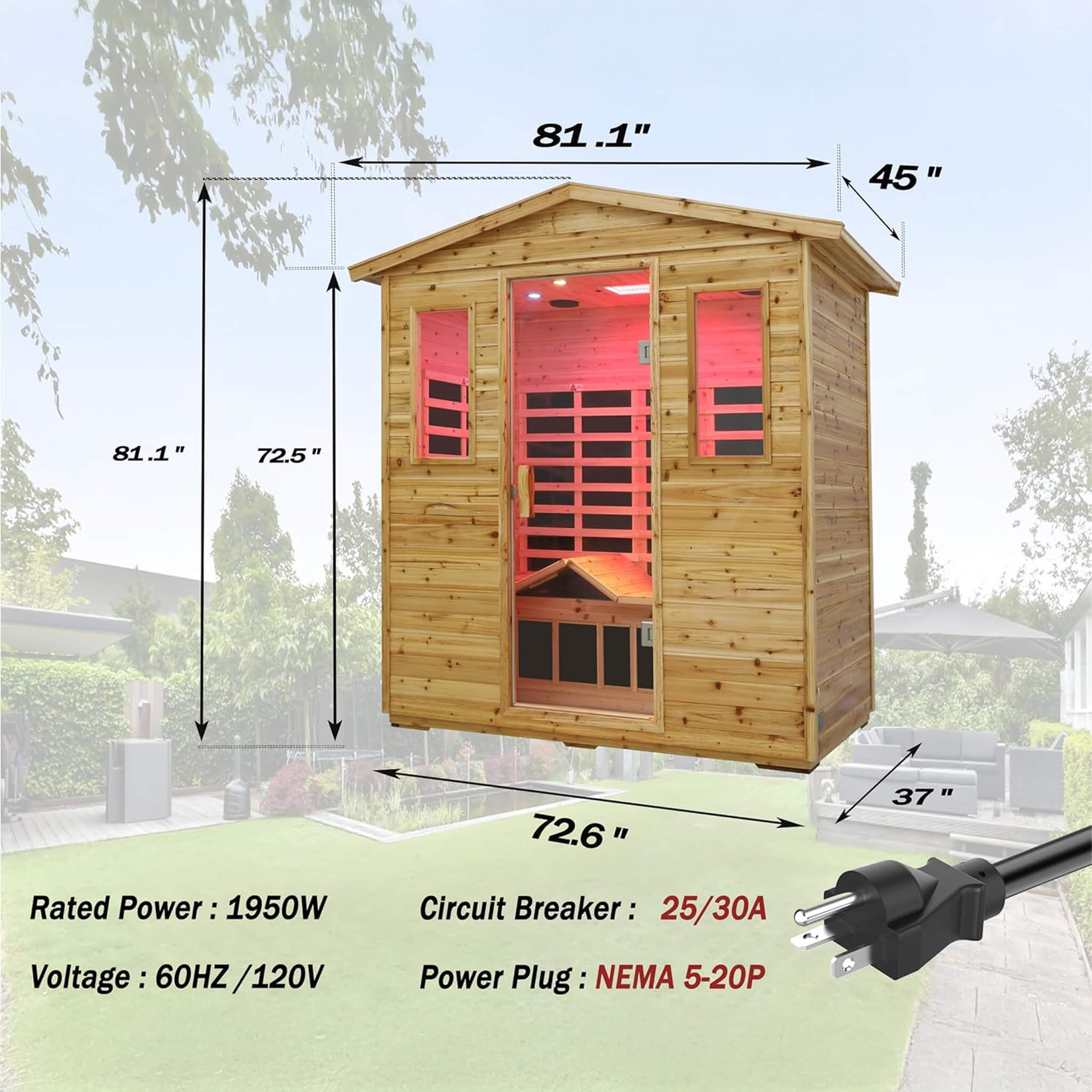 Deluxe 3-Person Outdoor Full Spectrum Low EMF Infrared Home Sauna With Bluetooth Speakers And LED Reading Light