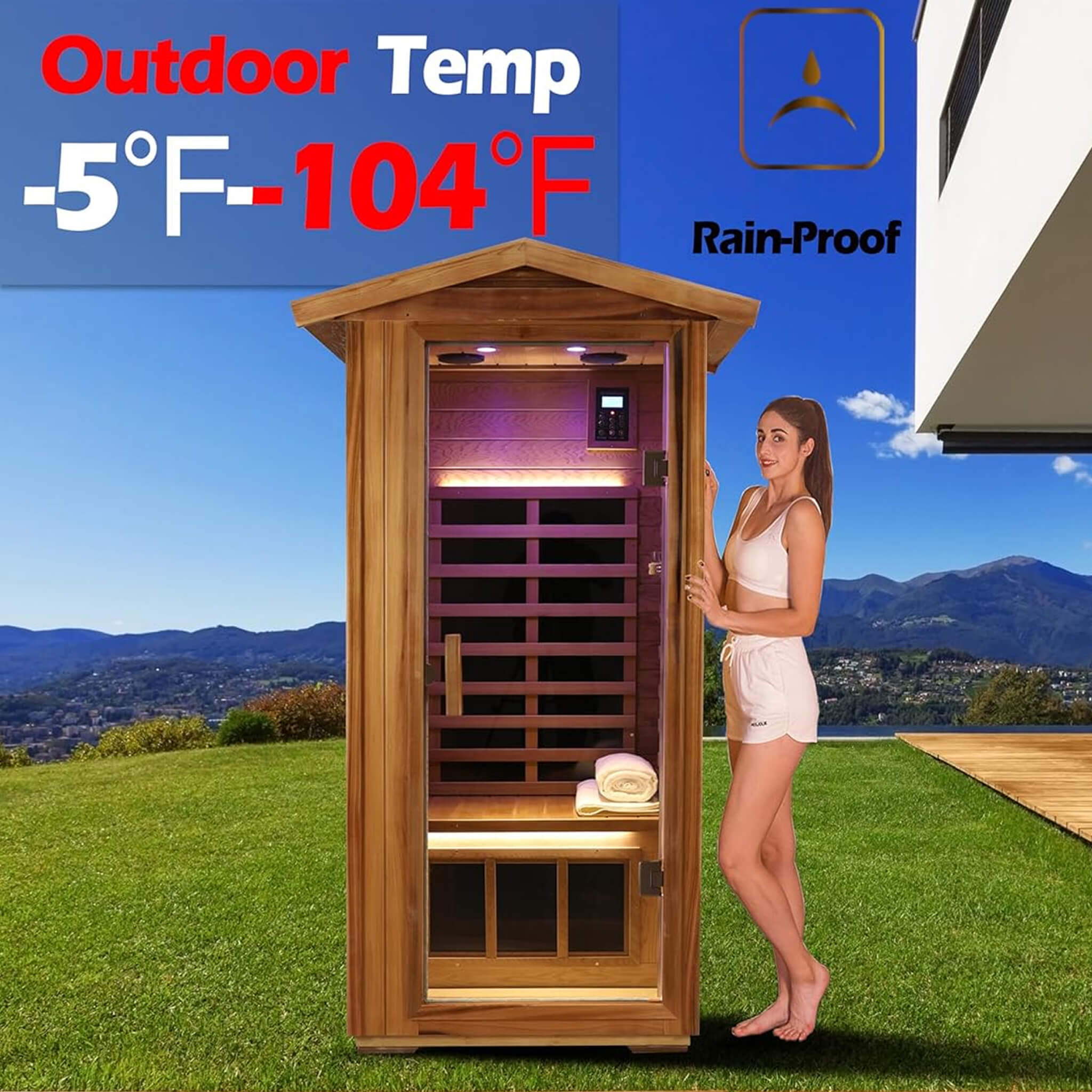 Premium 1-Person Outdoor Red Cedar Infrared Sauna With Low EMF, Chromotherapy And Bluetooth