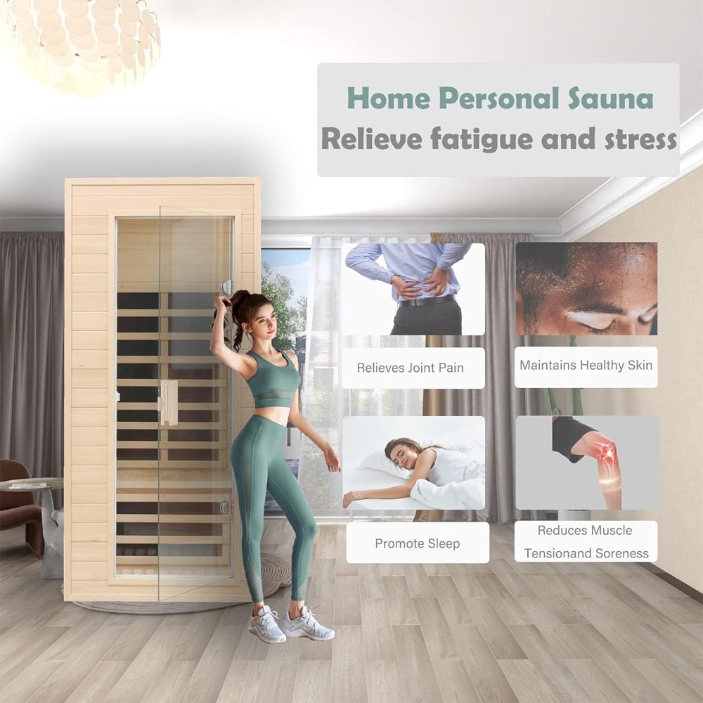 1-Person Indoor Low EMF FAR Infrared Heat Hemlock Wood Personal Home Spa Sauna, 1200W