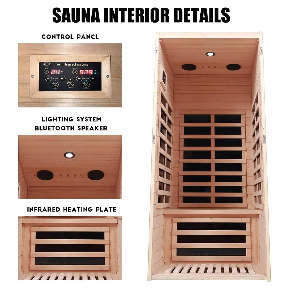 1-Person Indoor Low EMF FAR Infrared Heat Hemlock Wood Personal Home Spa Sauna, 1200W