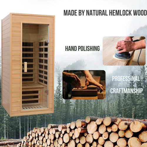1-Person Indoor Low EMF FAR Infrared Heat Hemlock Wood Personal Home Spa Sauna, 1200W